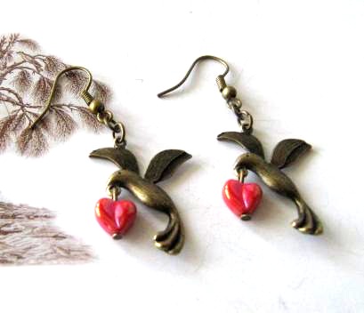 Bronzed bird earrings jewelry with red heart