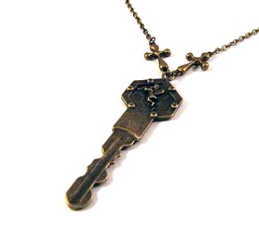 Bronzed angels key necklace jewelry with cross charm connector - Long chain necklace