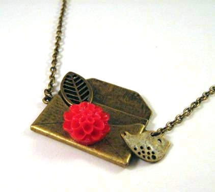 Bronze envelope necklace jewelry with bird swallow charm and red resin flower