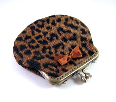 Leopard frame pouch with brown satin bow - frame coin purse - frame purse