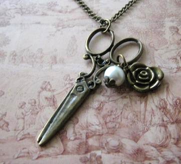 Vintage inspired scissor necklace jewelry with white pearl and rose