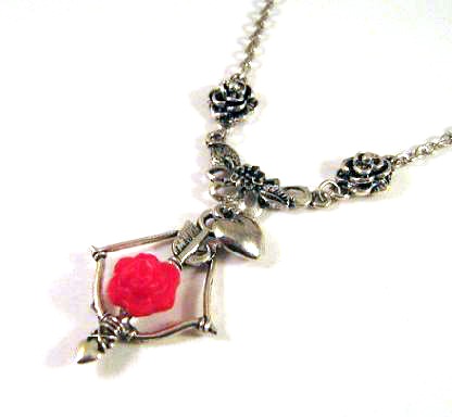 Silver tone roses, bow and arrow necklace jewelry with red resin flower and heart charm
