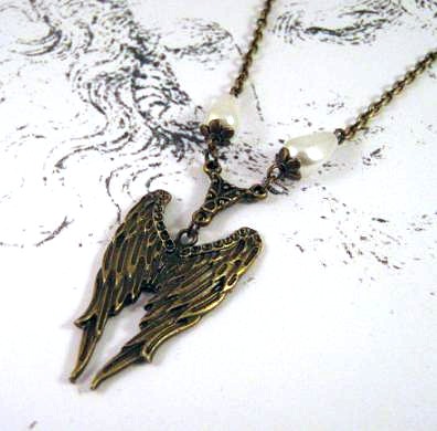 Bronzed angel wings necklace jewelry with white teardrop pearls