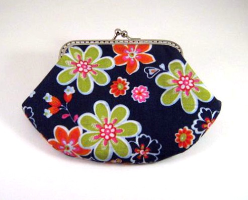 Green and orange flowers on dark blue frame pouch - Frame purse - Silver purse frame
