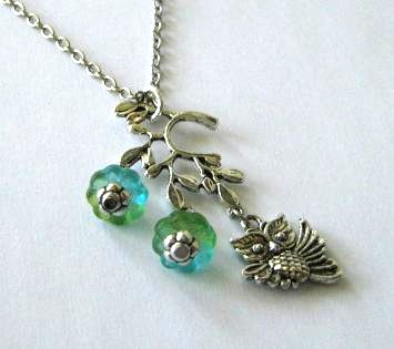 Antiqued silver owl necklace jewelry with branch pendant and blue green flowers
