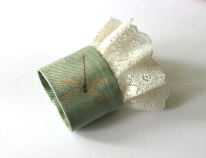 Fabric cuff bracelet dragonfly - Romantic Light green cuff with ivory lace