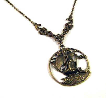 Sailboat necklace jewelry with antiqued bronze seahorses