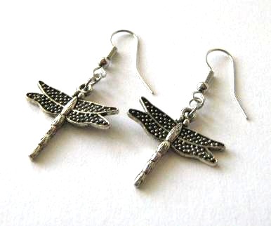 Antiqued silver dragonfly earrings jewelry