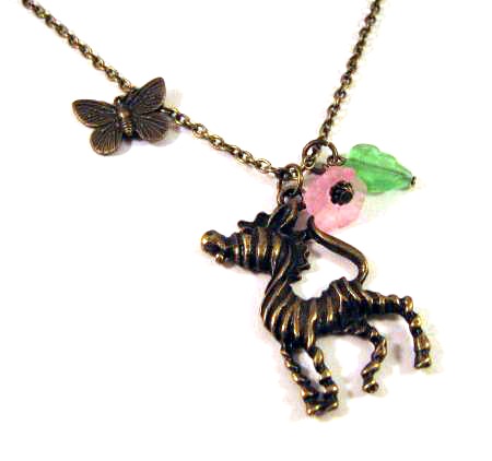 Zebra necklace jewelry with pink flower and green leaf - Antiqued bronze butterfly necklace