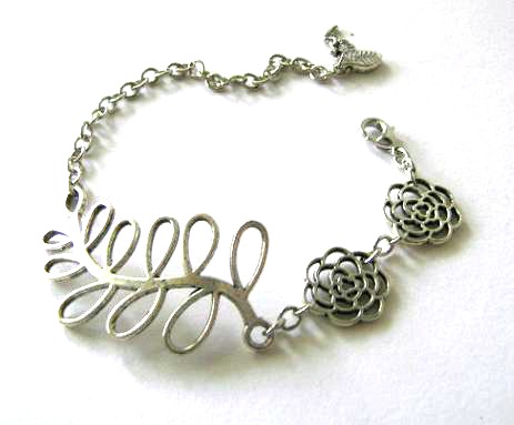 Antiqued silver big leaf bracelet flower jewelry