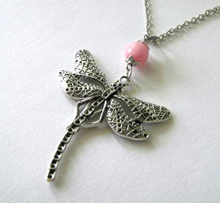 Silver dragonfly necklace pink jade jewelry - Long necklace