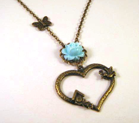 Blue resin flower necklace bronzed heart jewelry sparrow bird house butterfly charm