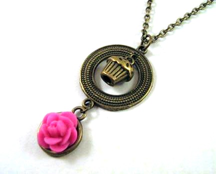 Cupcake necklace pink flower jewelry - Cute necklace pink rose