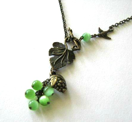 Grape necklace jewelry with green cats eye beads and bronzed sparrow