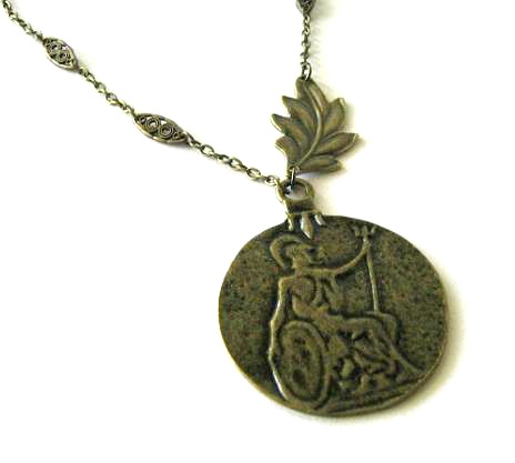 Antiqued bronze roman warrior necklace leaf jewelry long chain