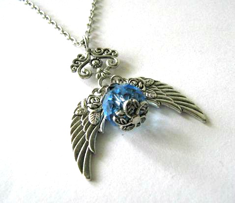 Antiqued silver wings necklace light blue crystal jewelry