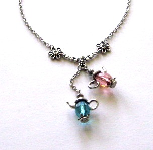 Pink teapot and blue teapot necklace jewelry